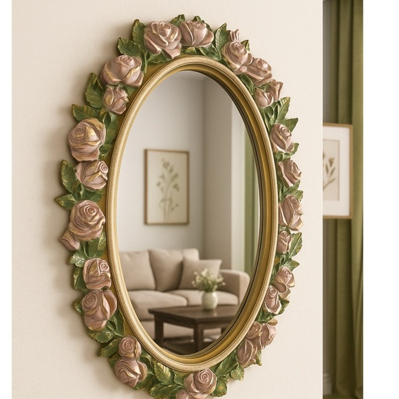 Vintage Home Interiors Shabby Chic Pink Gold Floral Oval Wall Mirror 27”x 20” - Picture 1 of 14